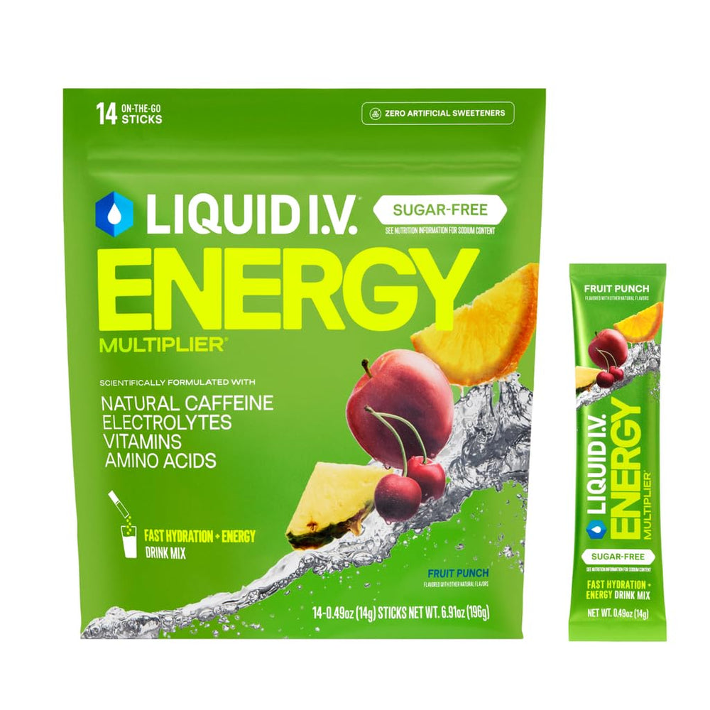 Liquid I.V. empaque frontal Fruit Punch mostrando la caja y su beneficio de energía sin azúcar