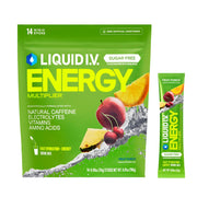 Liquid I.V. empaque frontal Fruit Punch mostrando la caja y su beneficio de energía sin azúcar