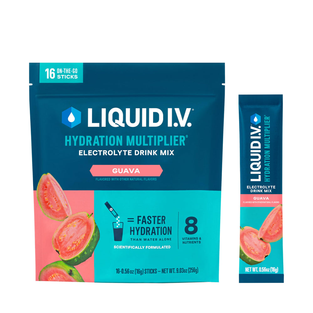 Liquid I.V. frente del empaque mostrando 16 sobres y beneficio de hidratación rápida