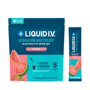 Liquid I.V. frente del empaque mostrando 16 sobres y beneficio de hidratación rápida