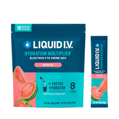 Liquid I.V. frente del empaque mostrando 16 sobres y beneficio de hidratación rápida