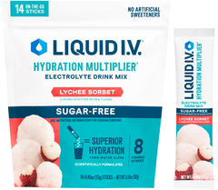 Liquid I.V. frente del empaque mostrando 14 sobres y beneficio portabilidad