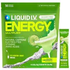 Liquid I.V. frente del empaque mostrando sabor Margarita Mocktail y beneficios