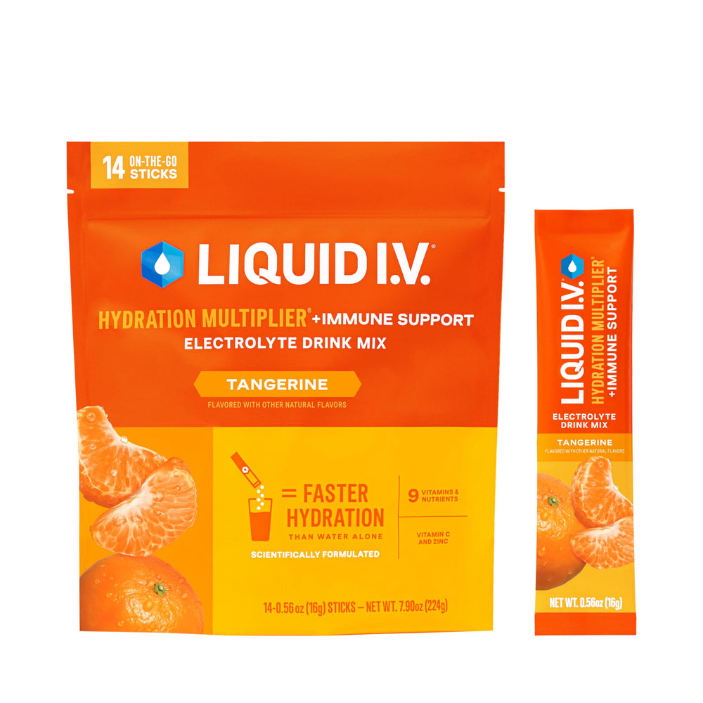 Liquid I.V. front packaging showing tangerine flavor and packet count for quick identification and convenience