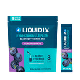 Liquid I.V. frente del empaque con diseño y 16 sobres visibles, conveniencia de transporte