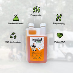 Liquified primer plano de la etiqueta con aroma naranja y beneficios ecológicos