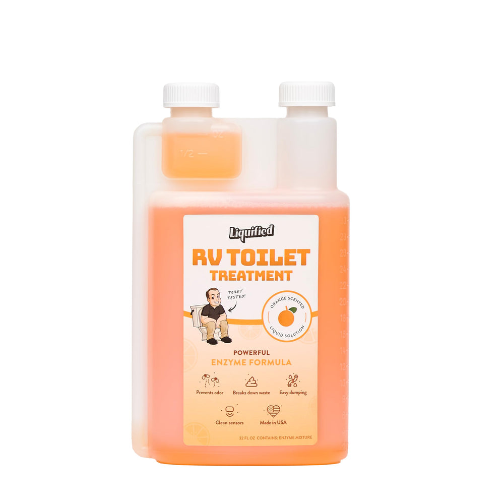 Liquified RV Toilet Treatment envase frontal 32oz mostrando tamaño y fácil dosificación