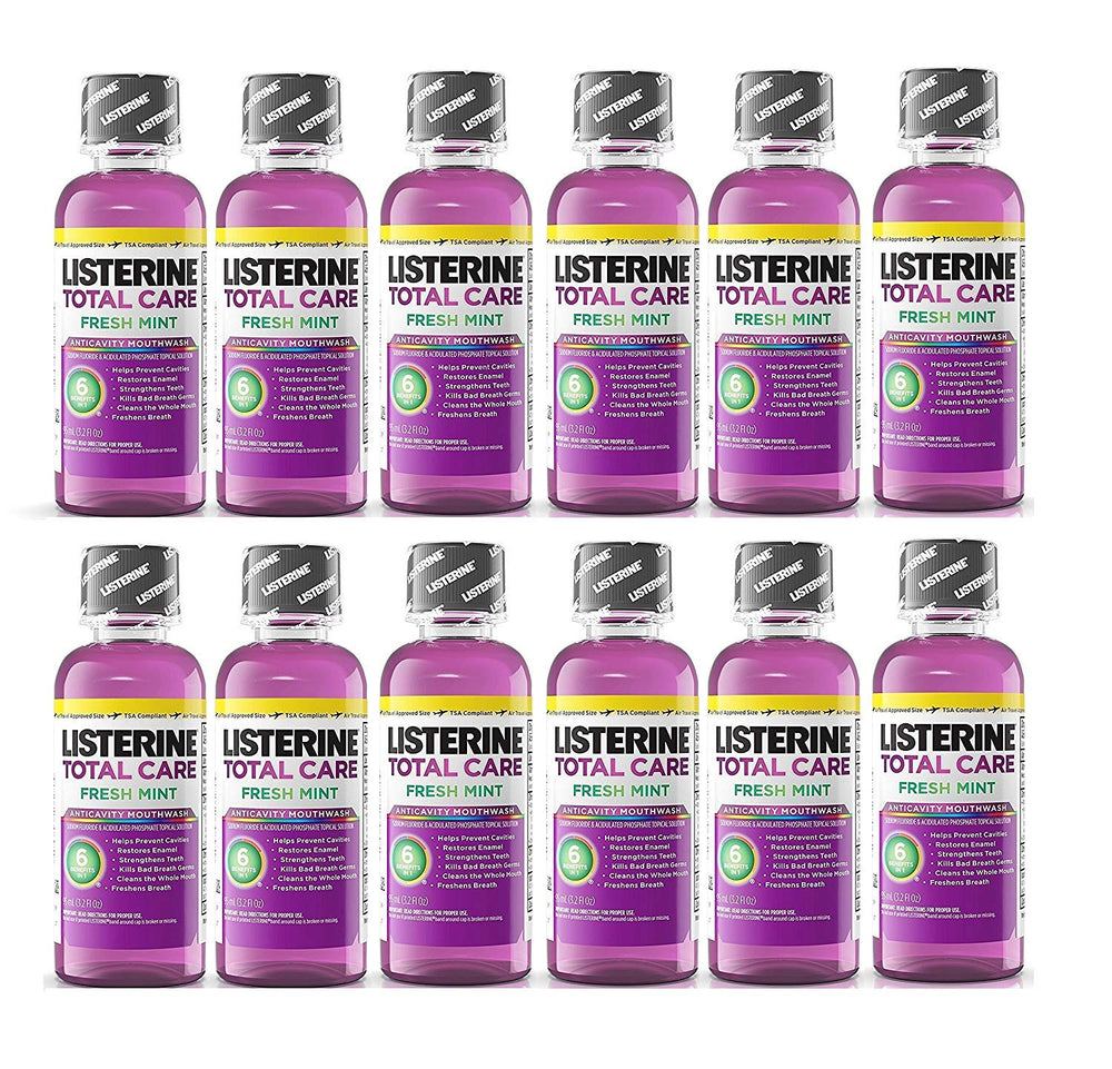 Listerine Total Care frente del envase menta fresca pack de viaje, sensación de limpieza