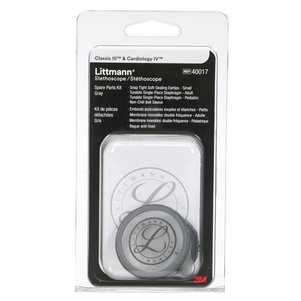 Littmann vista frontal del kit de repuestos gris mostrando piezas ordenadas