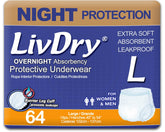 LivDry empaque frontal talla Large mostrando 64 unidades y practicidad