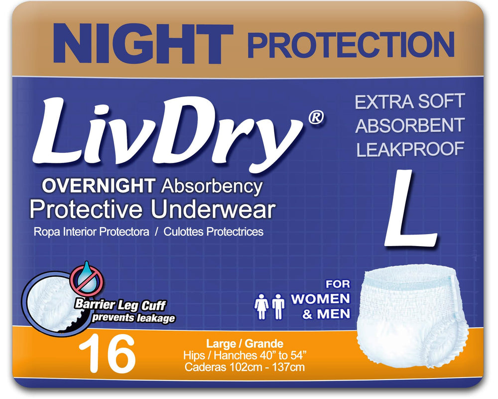 LivDry front packaging showing large overnight protection benefits