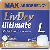 LivDry paquete frontal Large mostrando 15 unidades y empaque informativo para tranquilidad