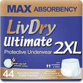 LivDry front packaging showing 44-count pack and XXL size benefits