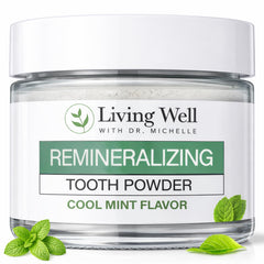 Living Well with Dr. Michelle frasco de vidrio frontal mostrando empaque sostenible