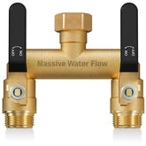 LNEZCDB front view of brass splitter showing full-flow design and benefit of durability