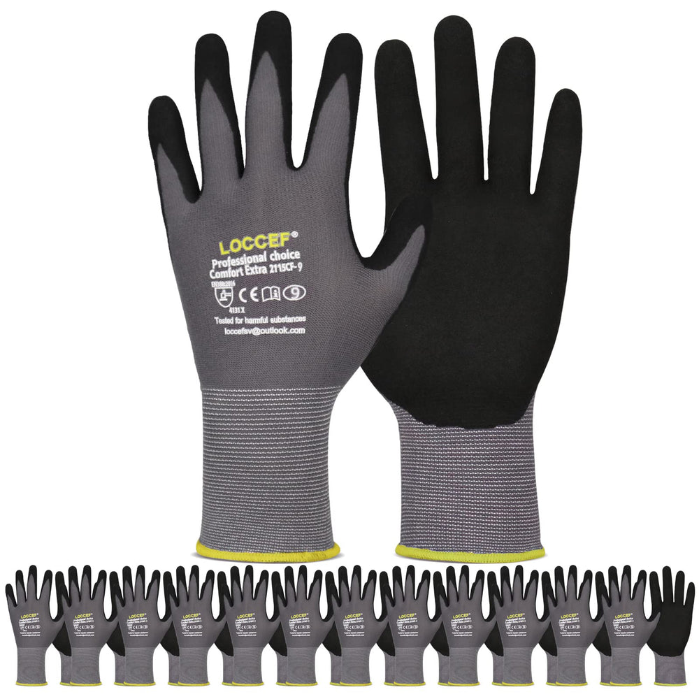 LOCCEF guantes MicroFoam empaque frontal mostrando 12 pares y talla 9/L