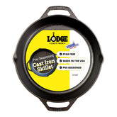 Lodge front view of 12-inch pan showing size and ready-to-use finish benefit