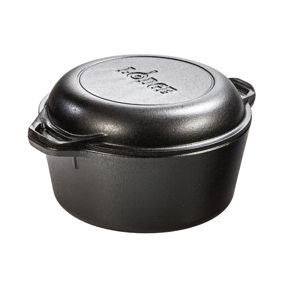 Lodge double Dutch oven front view showing pot and lid, durable versatile cooking