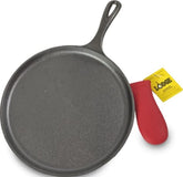 Lodge griddle front view showing cooking surface and red handle holder benefit even heating