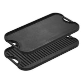 Lodge Pro-Grid front view showing reversible design and wide cooking surface, durable