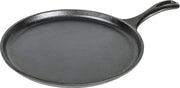 Lodge round griddle front view showing smooth seasoned surface and benefit of ready-to-use cooking