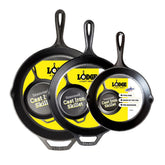 Lodge skillet set front packaging showing three pre-seasoned pans and product benefits