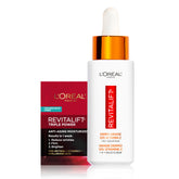 L'Oreal Paris front bottle of Revitalift Vitamin C serum shows clean packaging and benefits