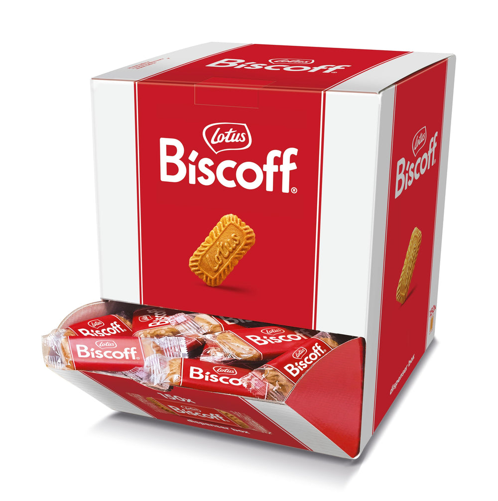 Lotus Biscoff frente del paquete mostrando cantidad y marca, práctico para eventos