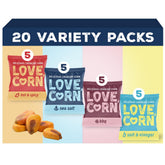 Love Corn front packaging showing Fab Four variety and portioned bags for convenient snacking