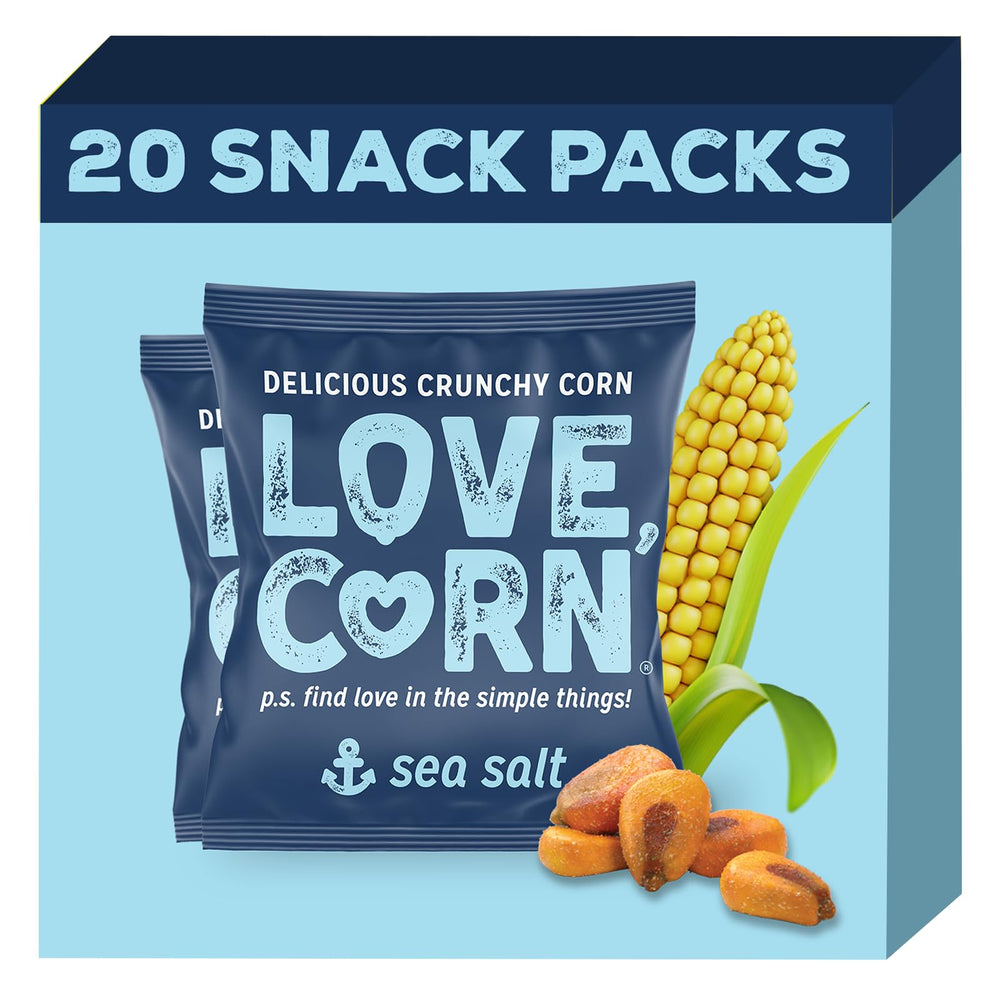 Love Corn front packaging showing single-serve bag, clear branding and convenience