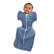 Love to Dream front view denim swaddle showcasing snug shoulders and hip room