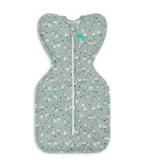 Love to Dream Swaddle Up front view in olive showing snug shoulder fit and safer sleep