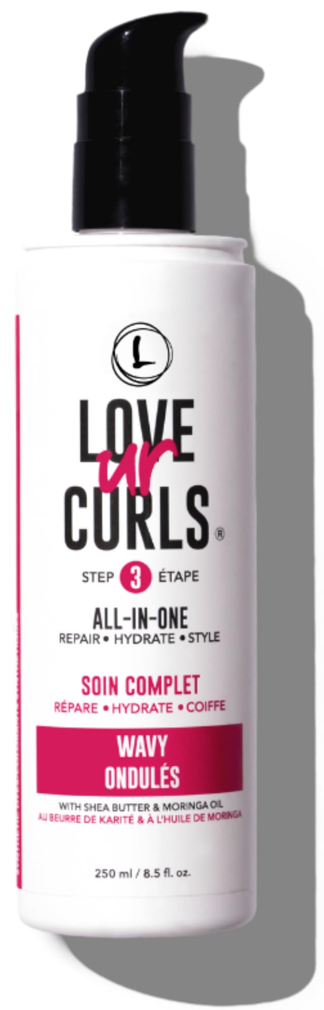 Love Ur Curls front bottle showing label and easy pump for simple styling