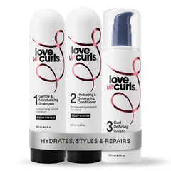 Love Ur Curls front packaging showing the full 3-step system and benefits