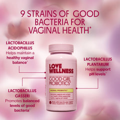 Love Wellness etiqueta con ingredientes y cepas probióticas claras