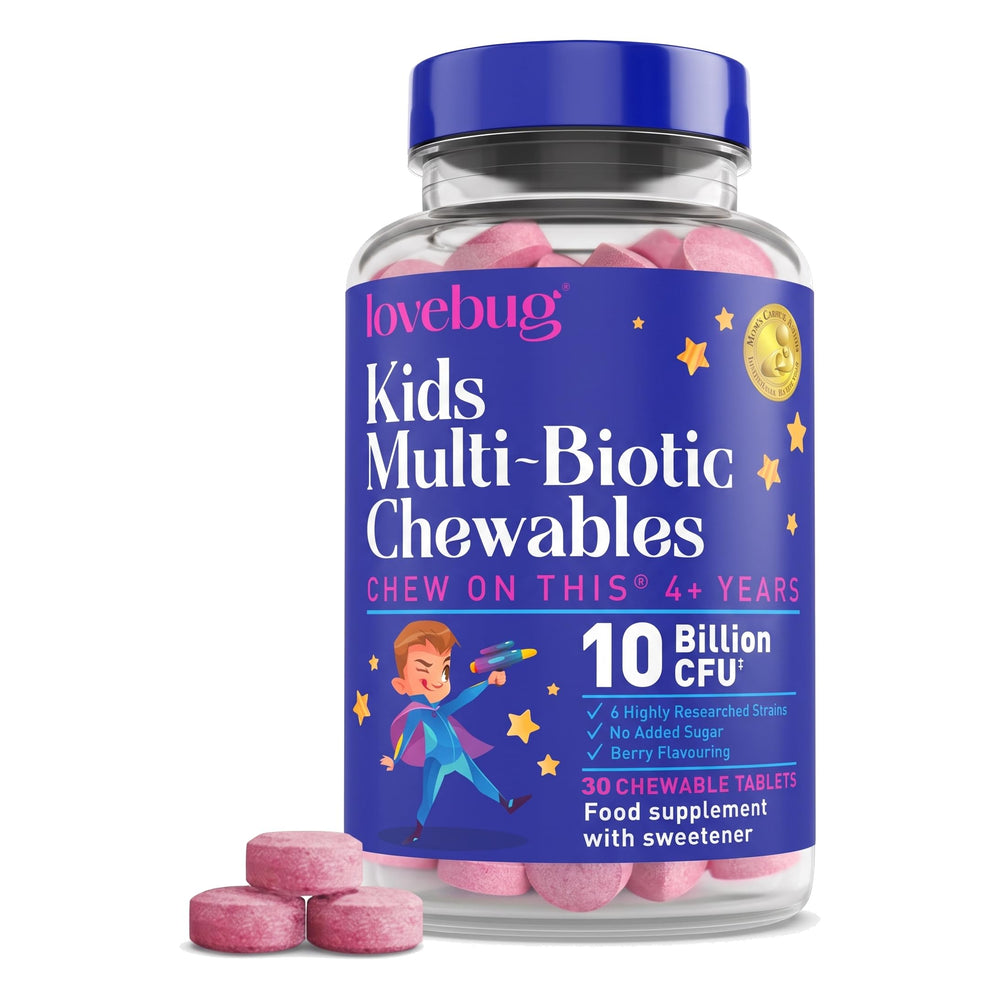 LOVEBUG front packaging showing berry chewable bottle and benefits