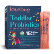 LOVEBUG front packaging showing organic toddler probiotic benefits