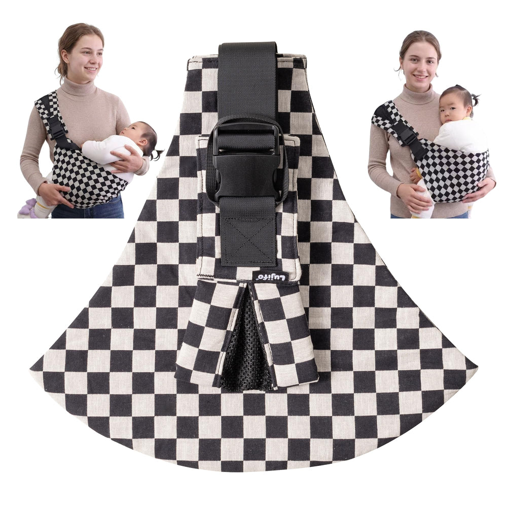Lujifo front view of ebony check sling highlighting sleek silhouette and fit