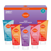 Lume boxed mini sampler front view showing five travel bottles and benefits