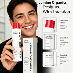 Lumine Organics botella al lado de objetos para comparar tamaño portátil