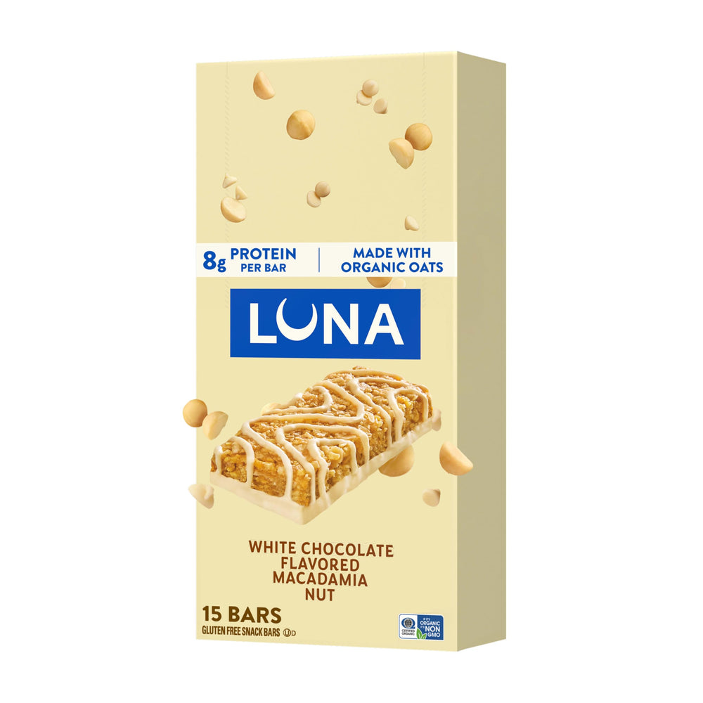 Luna Bar empaque frontal mostrando 15 unidades y diseño atractivo
