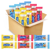 Luna Bar pack frontal mostrando 12 barras y variedad de sabores para conveniencia