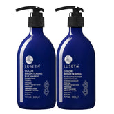 Luseta front packaging of blue shampoo and conditioner set showing full benefits