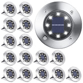 LYHOPE front view of 16-pack solar ground lights showing organized set and benefit of coverage