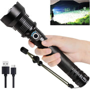 Lylting front view showing flashlight head and reflector, powerful beam benefit