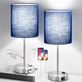 Lynnoland front view pair of lamps on nightstand showing cohesive style and space-saving benefit