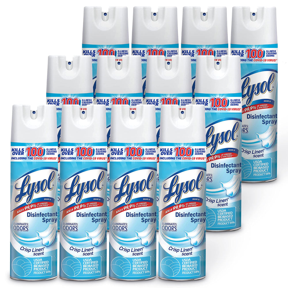 Lysol aerosol frontal pack 12 mostrando envases y beneficio de desinfección