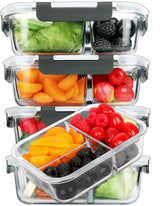 M MCIRCO front view of 36oz three-compartment glass container showing clarity and organization benefit