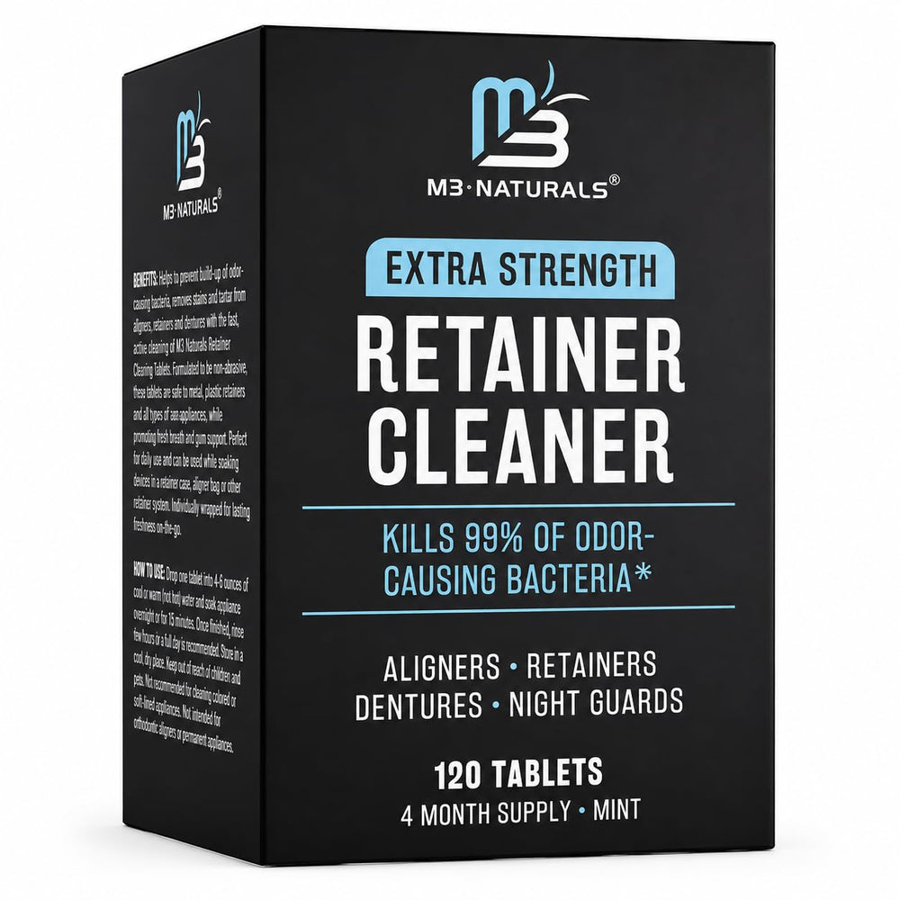 M3 Naturals front packaging showing mint retainer cleaner and benefits