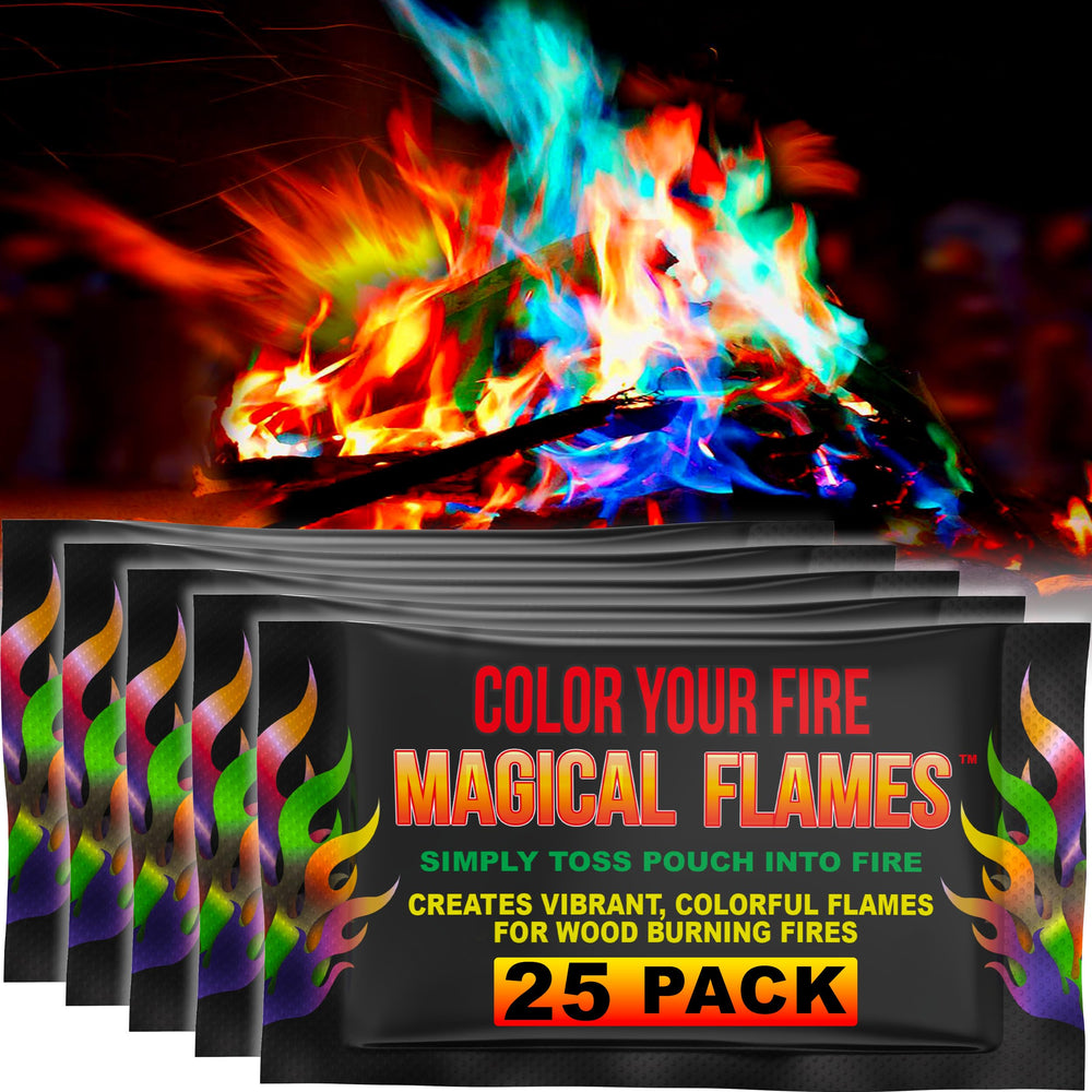 Magical Flames front packaging showing 25 colorful fire packets and clear branding, great for gifting